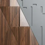 Geometric abstract hand-painted canvas in rich walnut and cream tones with layered triangular forms, contemporary interior