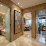 Contemporary abstract wall art with geometric wood-tone patterns and black linear elements, hand-painted canvas in neutral palette, luxury bathroom