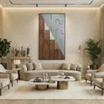 Contemporary abstract hand-painted canvas with geometric wood grain and pale blue composition, modern living space