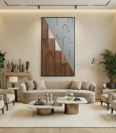 Contemporary abstract hand-painted canvas with geometric wood grain and pale blue composition, modern living space