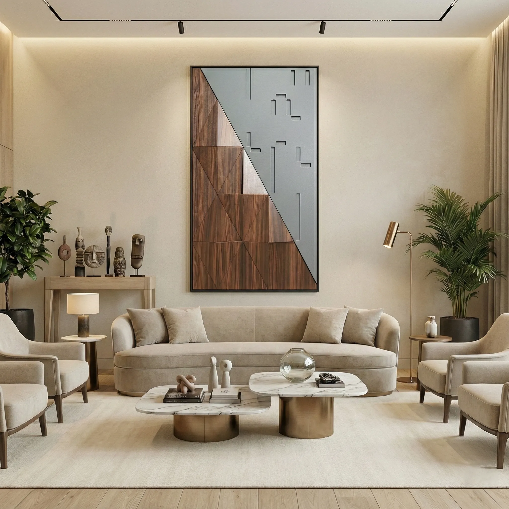 Faceted Maze – Modern Mixed Material Wall Decor (4) Contemporary abstract hand-painted canvas with geometric wood grain and pale blue composition, modern living space