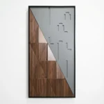 Contemporary geometric hand-painted canvas with triangular wood grain patterns in warm walnut tones and cool grey accents