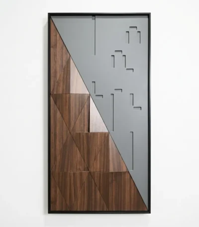 Contemporary geometric hand-painted canvas with triangular wood grain patterns in warm walnut tones and cool grey accents