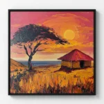 Expressionist landscape painting depicting African savanna sunset with acacia tree, traditional hut, and golden grassland in warm orange and crimson tones