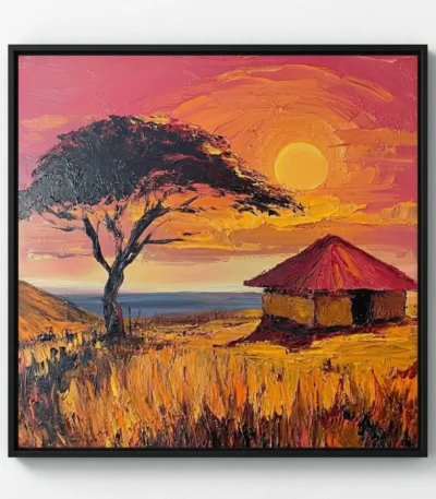 Expressionist landscape painting depicting African savanna sunset with acacia tree, traditional hut, and golden grassland in warm orange and crimson tones