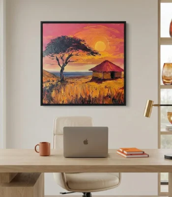 Expressionist landscape hand-painted canvas depicting African savanna sunset in vibrant coral, gold and ochre tones, modern workspace
