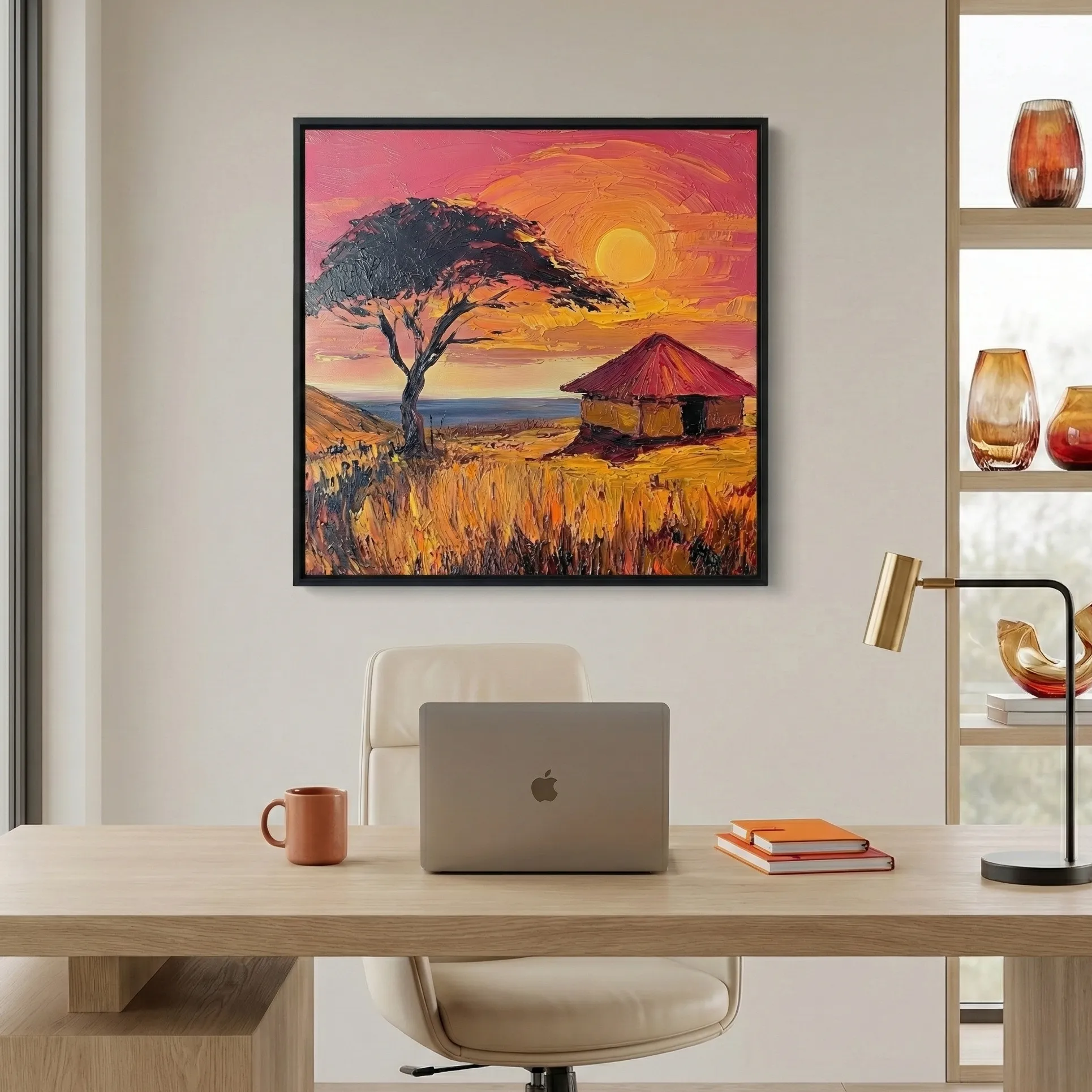 Fiery Horizon Glow Vibrant red and orange artwork color art (2) Expressionist landscape hand-painted canvas depicting African savanna sunset in vibrant coral, gold and ochre tones, modern workspace