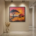 Expressionist landscape hand-painted canvas featuring acacia tree, thatched hut, and golden savanna beneath vibrant sunset, contemporary gallery space