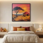 Textured impressionist landscape painting depicting acacia tree and traditional dwelling at golden sunset in warm terracotta and orange tones, modern bedroom setting