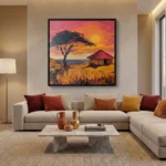 Contemporary landscape hand-painted canvas depicting African savanna sunset in warm oranges, pinks, and golds, modern living space
