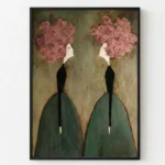 Contemporary figurative hand-painted canvas featuring two women with pink floral heads in muted earth tones