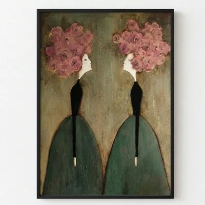 Contemporary figurative hand-painted canvas featuring two women with pink floral heads in muted earth tones