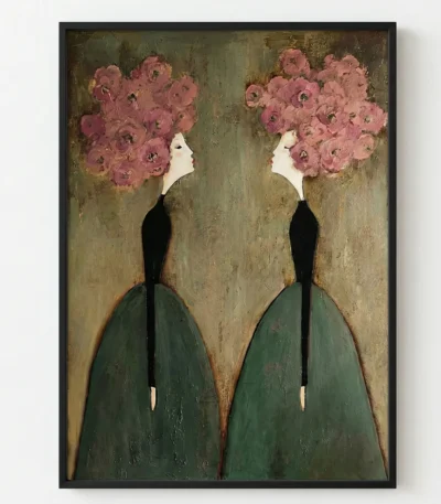 Contemporary figurative hand-painted canvas featuring two women with pink floral heads in muted earth tones