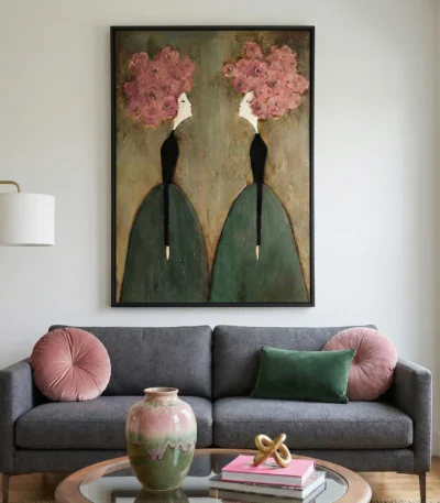Contemporary figurative hand-painted canvas depicting two silhouettes with blooming pink roses, muted sage and chartreuse palette, modern living space