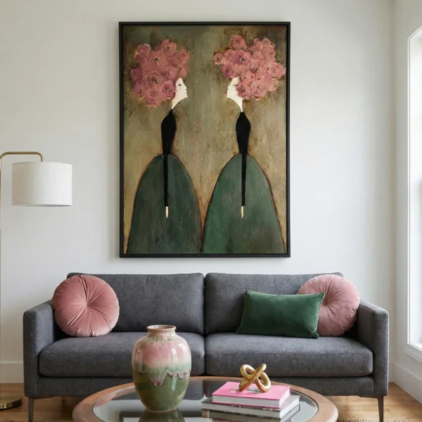 Contemporary figurative hand-painted canvas depicting two silhouettes with blooming pink roses, muted sage and chartreuse palette, modern living space