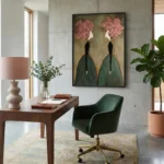 Contemporary figurative hand-painted canvas with pink floral heads and emerald gowns in muted earth tones, modern office setting
