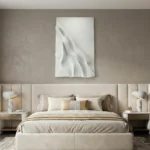 Textured abstract hand-painted canvas with draped white and cream forms, minimalist monochrome palette, contemporary bedroom