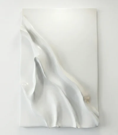 Textured abstract hand-painted canvas in white and cream with dynamic sculptural folds and gestural sweeps, contemporary living space