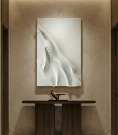 Textured abstract hand-painted canvas in flowing white and cream tones, contemporary entryway