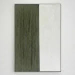 Minimalist hand-painted canvas split with textured sage green linear marks and soft white plaster finish, contemporary interior