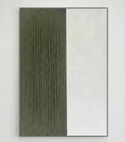 Minimalist hand-painted canvas split with textured sage green linear marks and soft white plaster finish, contemporary interior