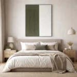Minimalist hand-painted canvas with vertical striped texture in sage green and cream, contemporary bedroom