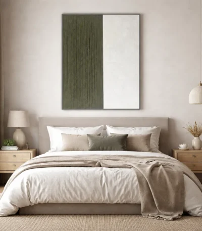 Minimalist hand-painted canvas with vertical striped texture in sage green and cream, contemporary bedroom