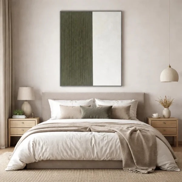 Minimalist hand-painted canvas with vertical striped texture in sage green and cream, contemporary bedroom
