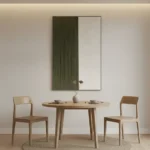 Minimalist hand-painted canvas in olive green and cream with subtle vertical textures, contemporary dining space