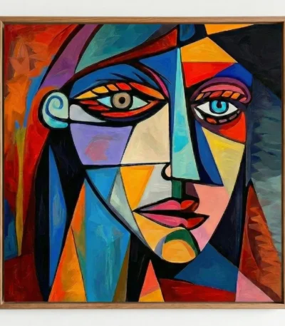 Cubist hand-painted canvas depicting a stylized portrait with bold geometric planes in vibrant multicolored tones of red, blue, orange, and cyan