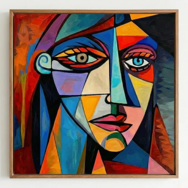Cubist hand-painted canvas depicting a stylized portrait with bold geometric planes in vibrant multicolored tones of red, blue, orange, and cyan