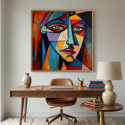 Cubist hand-painted canvas depicting a fragmented face in bold primary colors and geometric sections, contemporary workspace