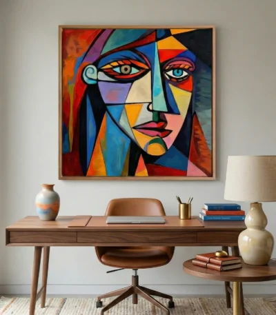 Cubist hand-painted canvas depicting a fragmented face in bold primary colors and geometric sections, contemporary workspace