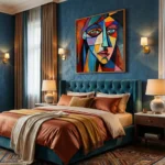Cubist figurative hand-painted canvas featuring fragmented portrait in vibrant jewel tones and bold black outlines, modern bedroom setting