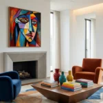 Cubist figurative hand-painted canvas in vibrant multicolored geometric planes with bold brushwork, contemporary living space