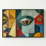 Cubist hand-painted canvas featuring fragmented face with bold geometric shapes in gold, teal, red and blue tones, white wall backdrop