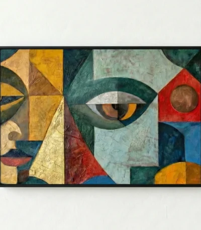 Cubist hand-painted canvas featuring fragmented face with bold geometric shapes in gold, teal, red and blue tones, white wall backdrop