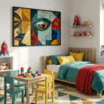 Gestural abstract hand-painted canvas with cubist portrait in teal, gold, and red tones, styled in contemporary children's room