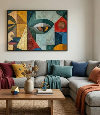 Contemporary abstract hand-painted canvas with geometric facial features in ochre, teal, red and blue tones, modern living space