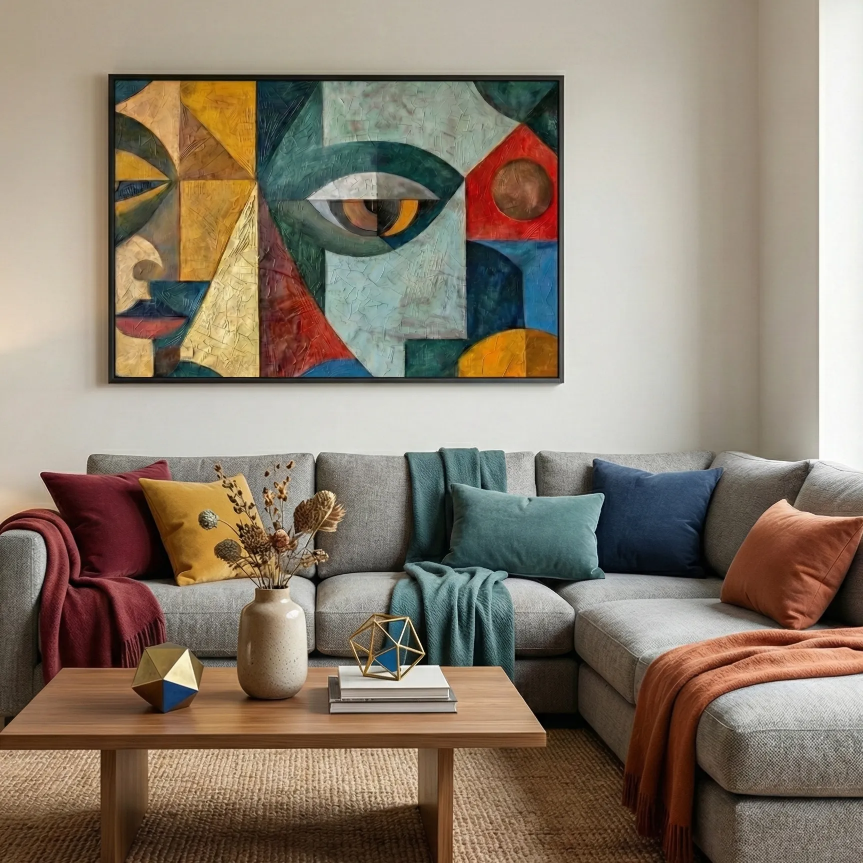 Fragmented Vision Geometric face with textured paint Abstract art wall decor (4) Contemporary abstract hand-painted canvas with geometric facial features in ochre, teal, red and blue tones, modern living space