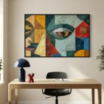 Contemporary abstract hand-painted canvas featuring geometric faces in bold yellows, teals, and reds, modern workspace