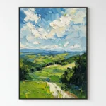 Textured impressionist landscape painting depicting rolling green hills, distant ocean, and cloudy sky in vibrant greens and blues, hand-painted canvas in contemporary space
