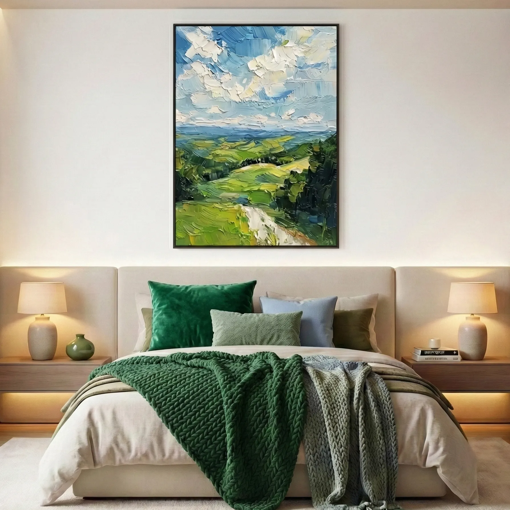 Fresh Horizon Path Dynamic brushstroke scenic artwork color wall art (4) Impressionist landscape hand-painted canvas depicting rolling green hills beneath cloudy blue sky, styled in modern bedroom