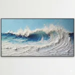 Textured contemporary seascape painting with layered ocean waves in deep blues and whites, hand-painted canvas with impasto detail, modern living space