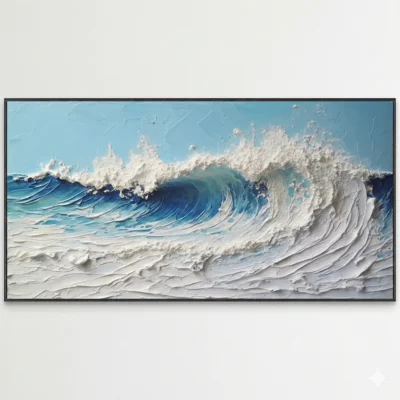 Textured contemporary seascape painting with layered ocean waves in deep blues and whites, hand-painted canvas with impasto detail, modern living space
