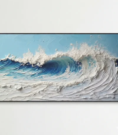 Textured contemporary seascape painting with layered ocean waves in deep blues and whites, hand-painted canvas with impasto detail, modern living space