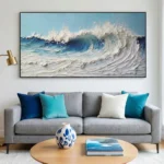 Textured contemporary seascape painting with dynamic ocean waves in layered blues and creams, hand-finished canvas in modern living space