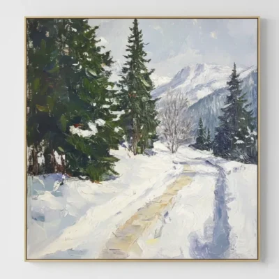 Impressionist hand-painted canvas depicting a snow-laden forest path with evergreen trees and distant snow-capped mountains in cool whites and greens, modern living space