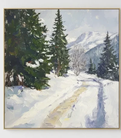 Impressionist hand-painted canvas depicting a snow-laden forest path with evergreen trees and distant snow-capped mountains in cool whites and greens, modern living space