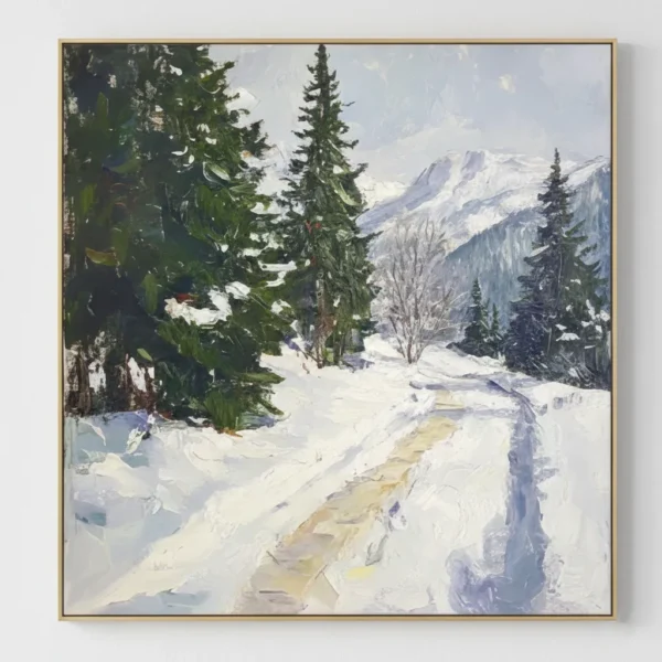 Impressionist hand-painted canvas depicting a snow-laden forest path with evergreen trees and distant snow-capped mountains in cool whites and greens, modern living space